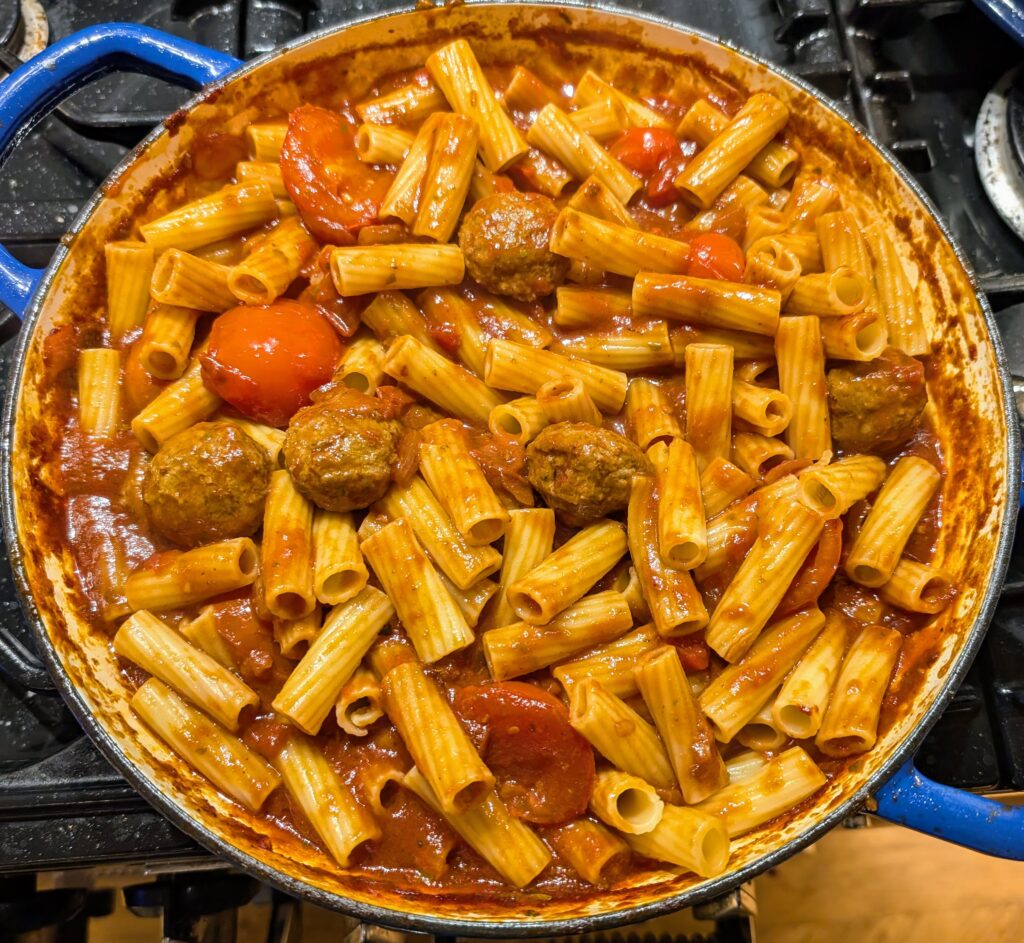 Meatballs and pasta in the pan